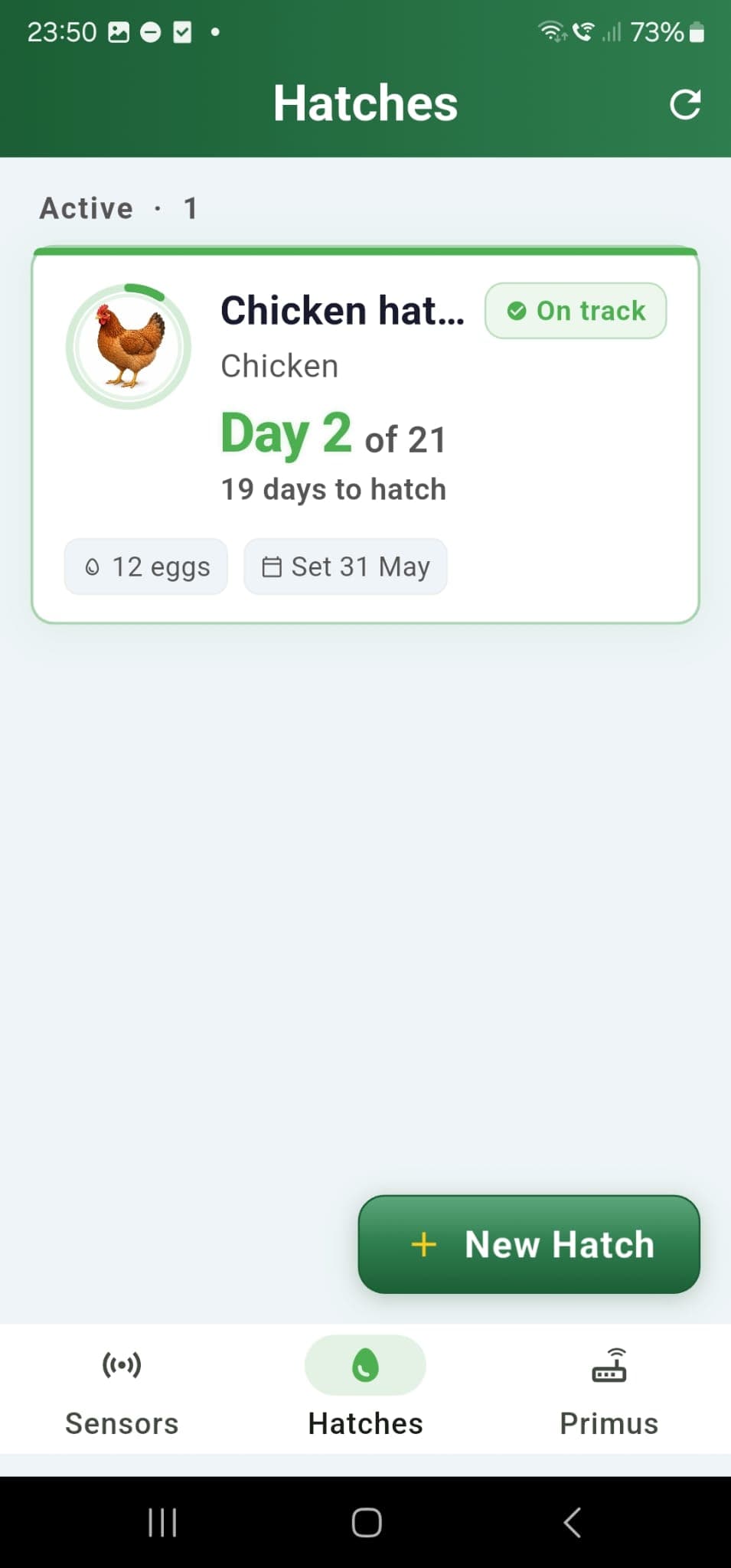 Origin Monitor app showing an active chicken hatch on day 2 of 21, on track