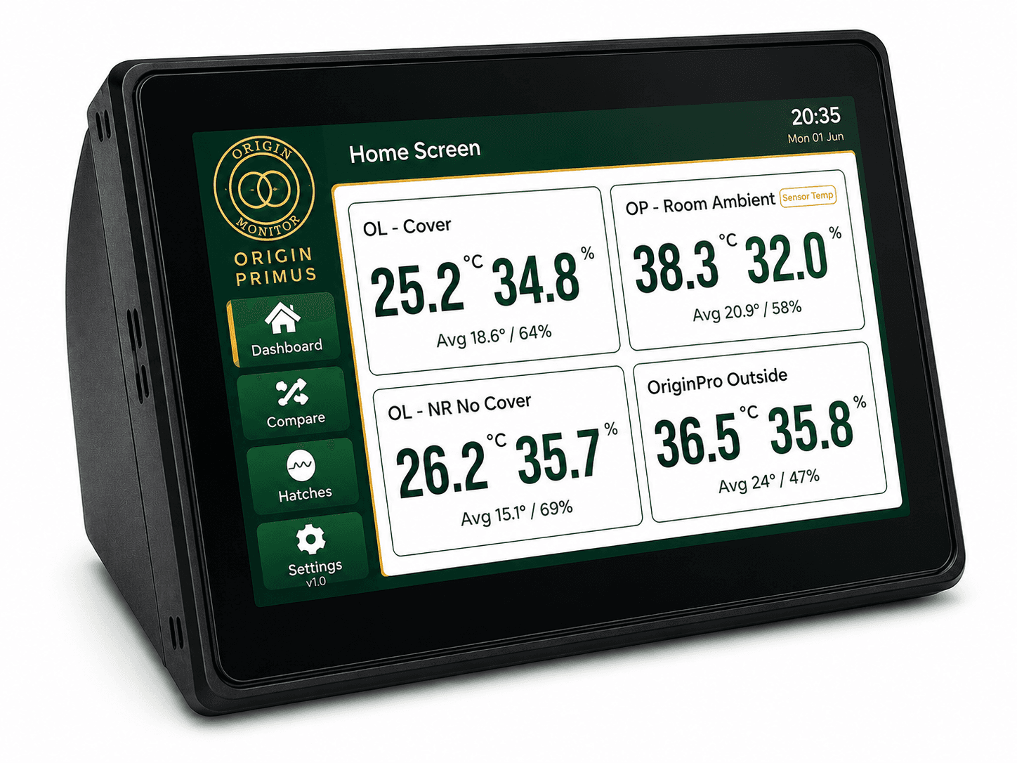Origin Primus — compact Wi-Fi basestation with 4.3-inch LCD displaying live sensor readings